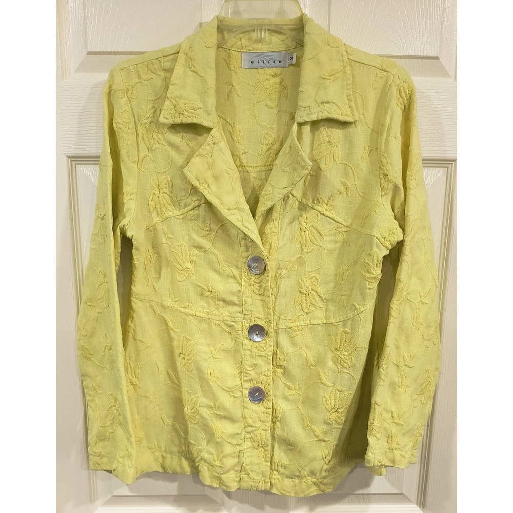Willow Womens Yellow 100% Linen Floral Embroidered Button‎ Front Blazer Jacket S